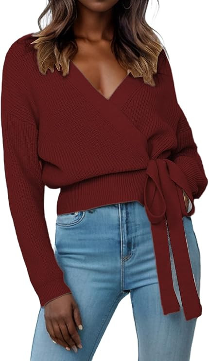 Women's Casual V Neck Wrap Sweater Pullovers Lightweight Ribbed Drop Shoulder Knitted Tops | Amazon (US)