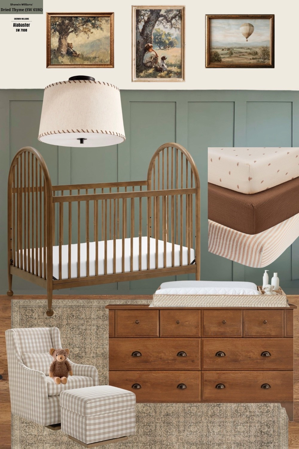 There is something about an earthy green nursery paired with warm wood that just feels timeless.

For this design, I used Sherwin Williams Dried Thyme on the board and batten and kept the upper walls soft with Alabaster. The contrast adds depth without making the room feel heavy. It gives that grounded, cozy feeling while still staying light and peaceful.

The warm wood crib and dresser bring in that heirloom touch, and I layered in vintage inspired artwork, soft gingham seating, and muted patterned bedding so the space feels collected instead of overly styled. Nothing feels trendy or themed — just calm, classic, and ready to grow with your baby.

If you’ve been loving earthy neutrals lately, this is such a beautiful way to use them in a nursery without it feeling dark.

Everything is linked here for you to easily recreate the full look.

#LTKBaby #LTKHome