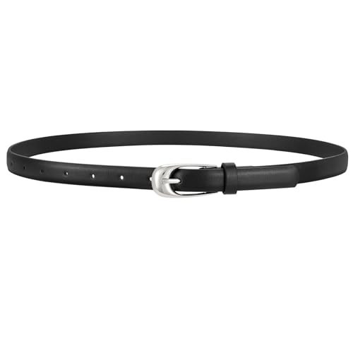 WERFORU Skinny Leather Belt for Dress Jeans Women Thin PU Leather Belt with Fashion Silver Buckle,black,0.7" Width | Amazon (US)