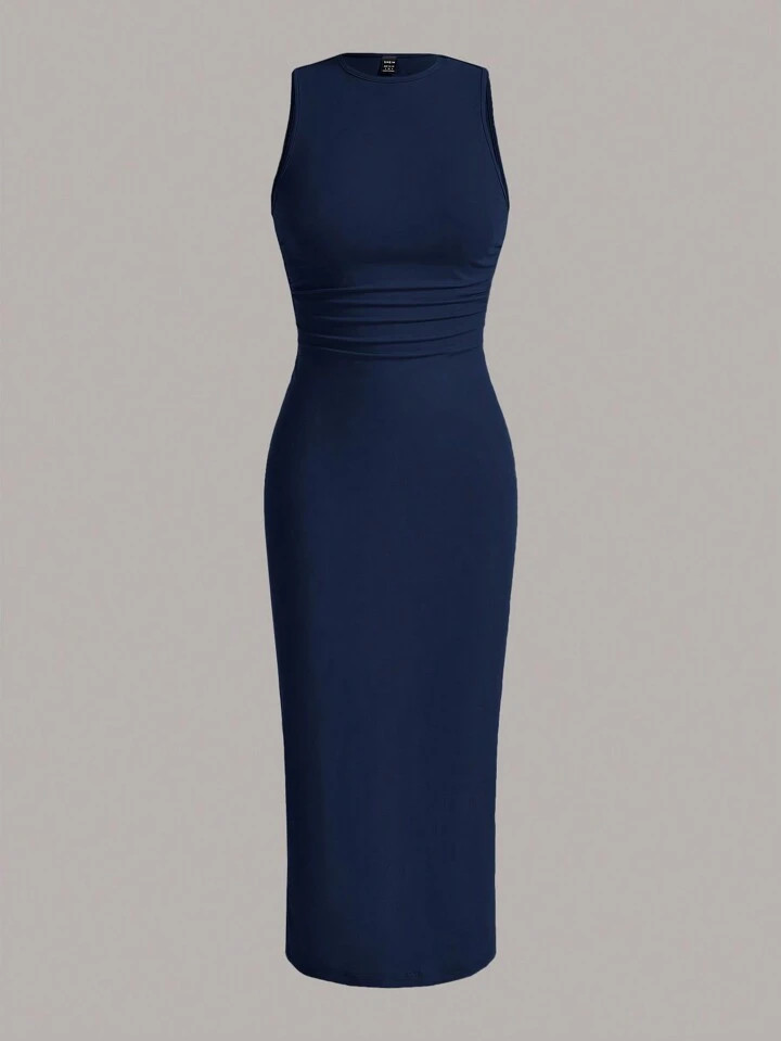 SHEIN EZwear Summer Solid Ruched Waist Tank Dress | SHEIN