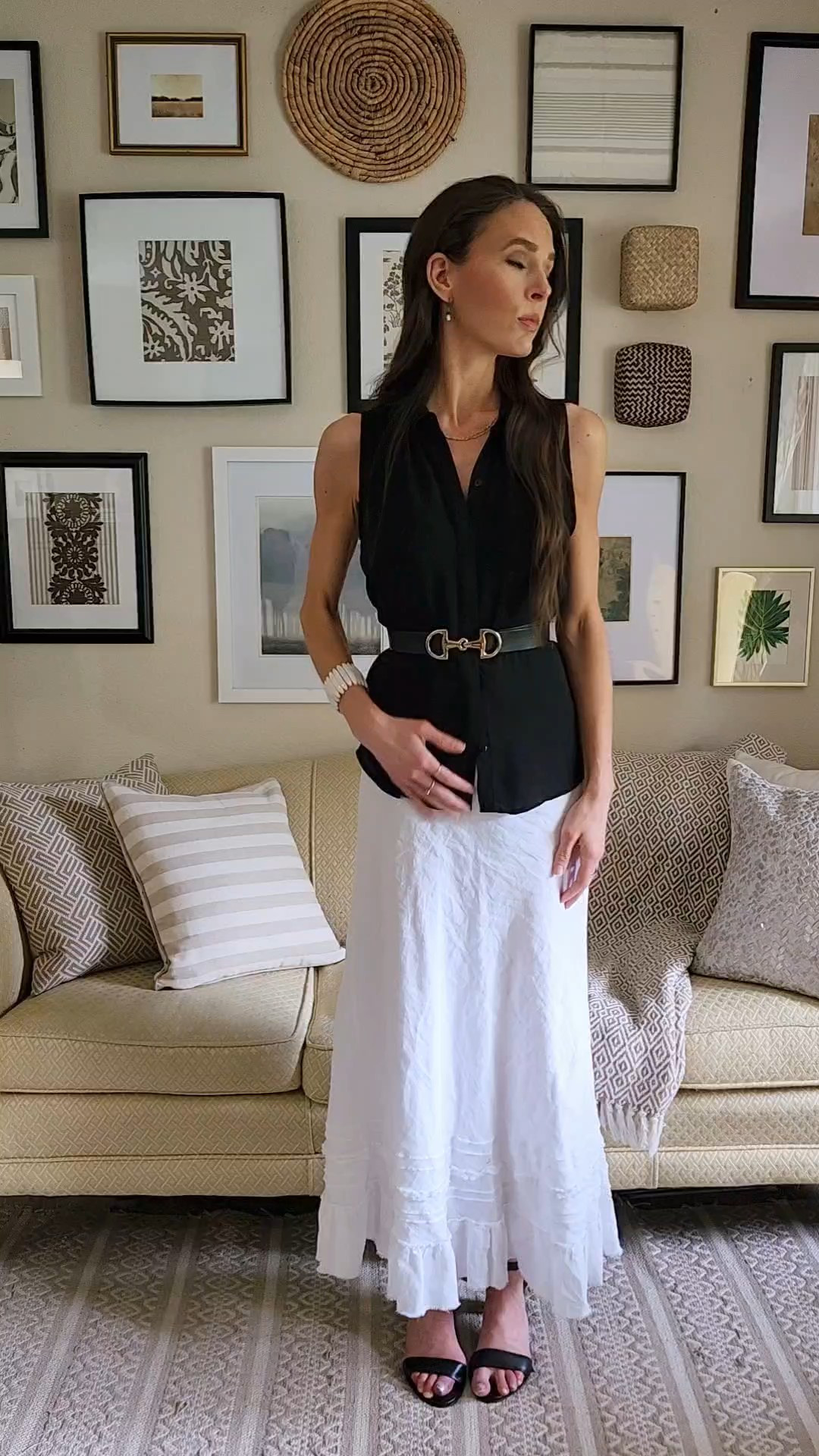 Summer style staples. Outfit inspo. White linen maxi skirt. Black sleeveless collared top. Black belt. White bracelet. Black heels. Neutral outfit. 

#LTKSeasonal #LTKSaleAlert #LTKootd