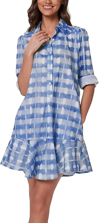 D-Sun Women Casual Plaid Shirt Mini Dress V Neck Long Sleeve Button Down Ruffled Hem Short Swing ... | Amazon (US)