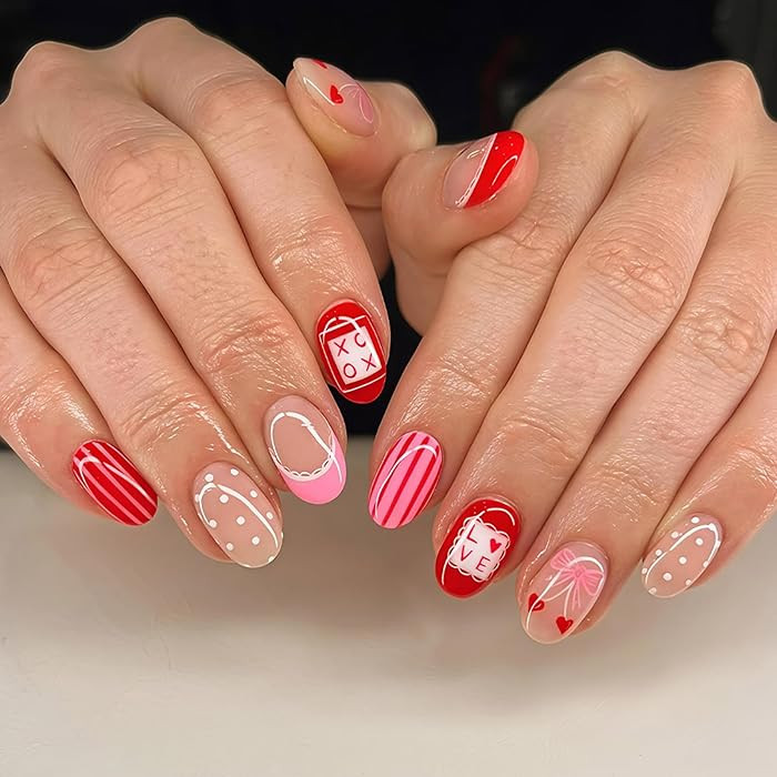 Valentine’s Day Press on False Nails Short Oval Fake Nails French Tip Glue on Nails with Heart ... | Amazon (US)