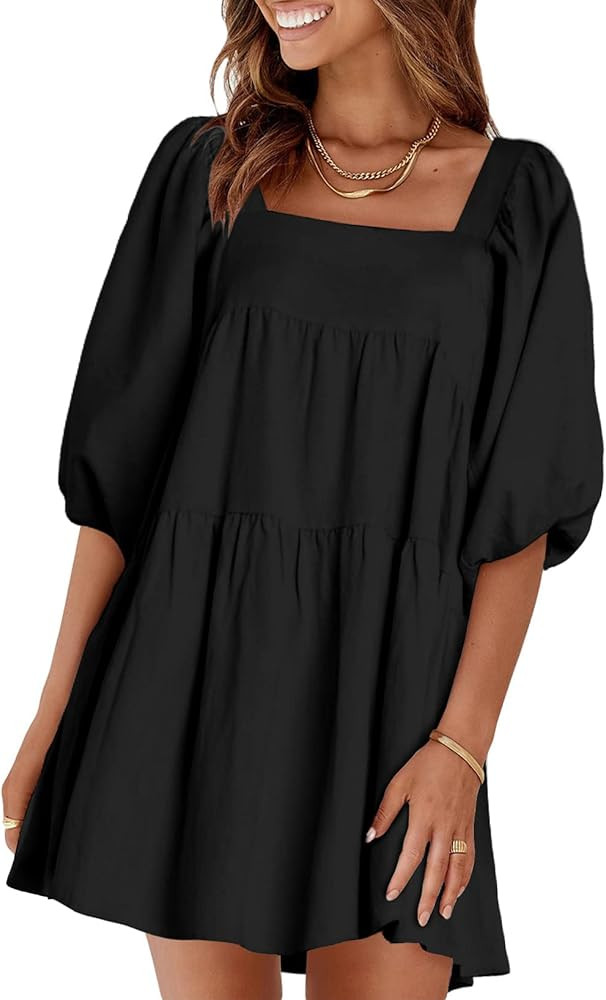 BLENCOT Womens Cute Puffed Sleeve Backless Lace Up Babydoll Mini Dresses S-XL | Amazon (US)