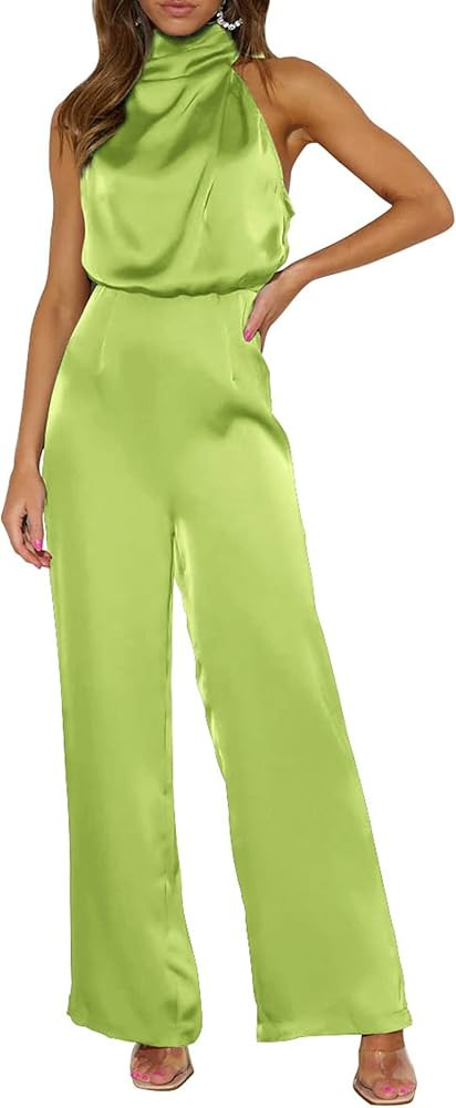 PRETTYGARDEN Women's Satin Jumpsuits 2023 Summer One Piece Outfits Mock Neck Sleeveless Wide Leg ... | Amazon (US)