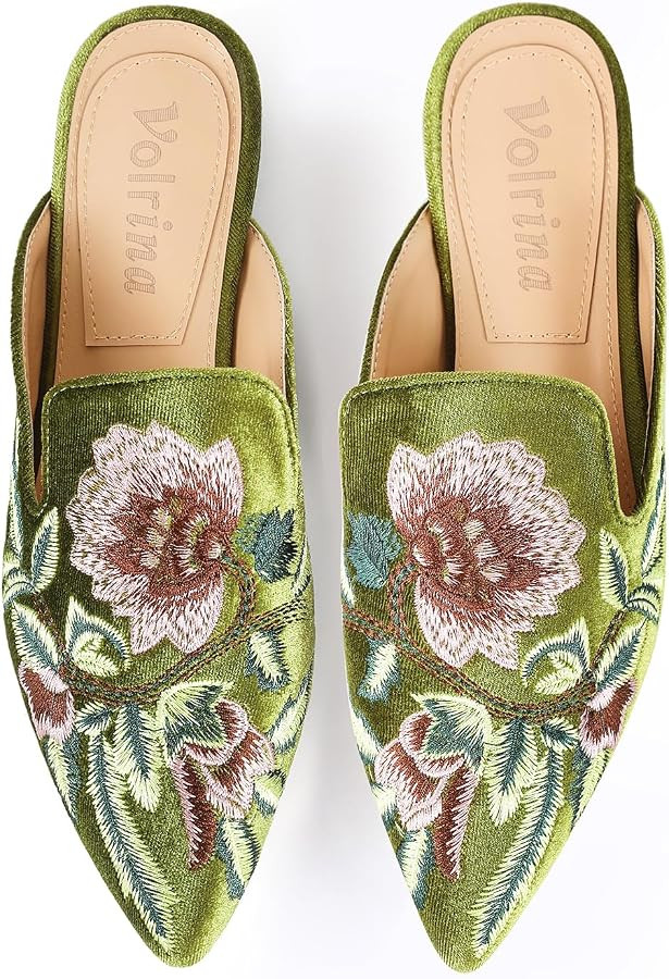 Women's Velvet Backless Pointed Toe Loafers - Embroidered Slip On Mule Slippers Flats, Comfortabl... | Amazon (US)