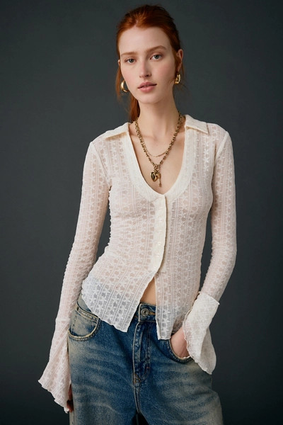 Kimchi Blue Abigail Sheer Lace Button Front Flyaway Top | Urban Outfitters (US and RoW)