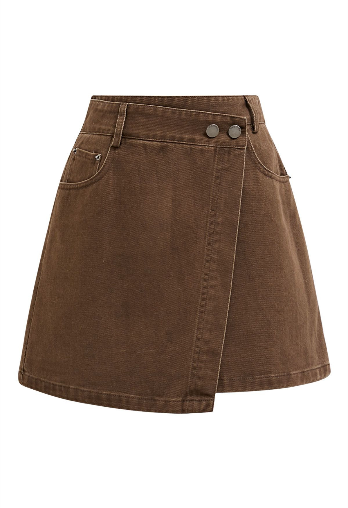 Double-Buttoned Flap Denim Mini Skirt in Brown | Chicwish
