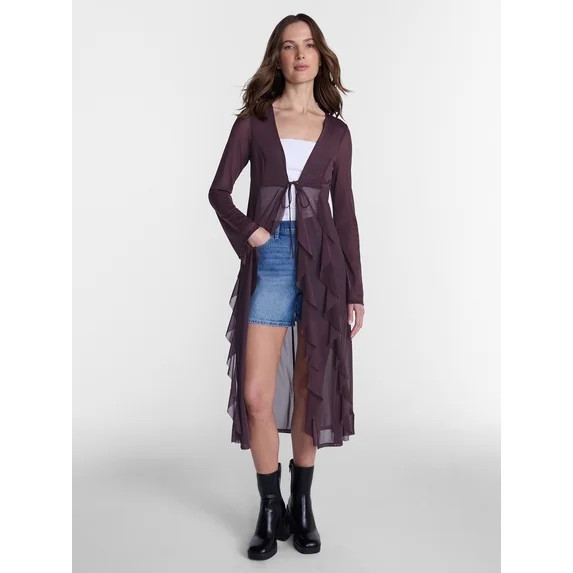 Madden NYC Women’s Ruffle Sheer Tie Front Duster with Long Sleeves, Sizes XXS-XXL | Walmart (US)