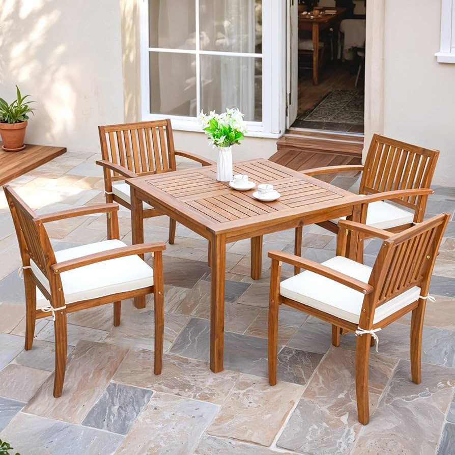 Flamaker 5 Piece Outdoor Dining Set Acacia Wood Patio Table and Chairs with Soft Cushions Patio F... | Amazon (US)