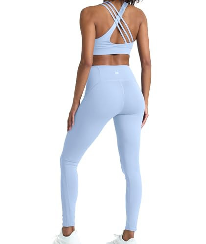 2 Piece Light Blue Workout Sets for women, High Waist Leggings and Sports Bra Yoga Set Matching Gym Pilates Running Work Out Outfit Small | Amazon (US)