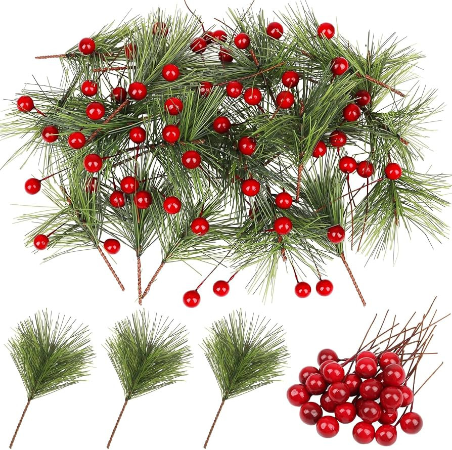 CCINEE 96Pcs Artificial Green Pine Needles Branches Red Berry Picks for Crafts, Greenery Stems Mi... | Amazon (US)