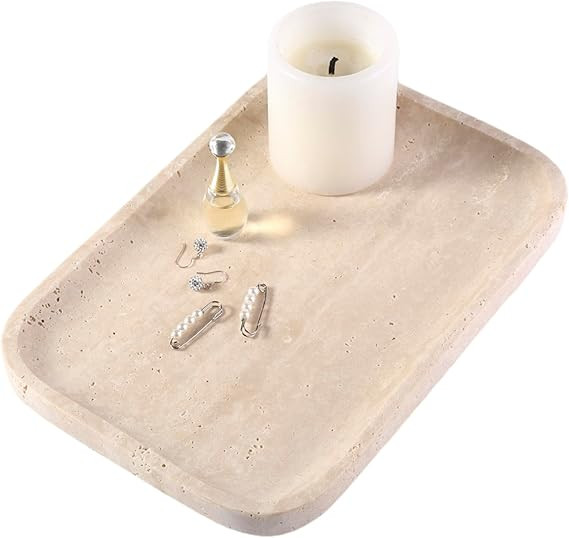 Marble Vanity Tray for Dresser Organizer, Travertine Bathroom Tray Countertop, Beige Decorative S... | Amazon (US)