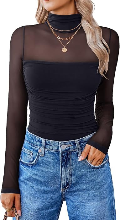 Avidlove Women Long Sleeve Bodysuit Turtle Neck Shapewear Body Suits Mesh One Piece Leotard Shirt... | Amazon (US)