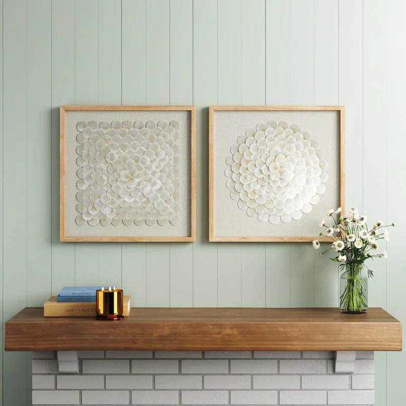 2 Piece Cream Shell Handmade Overlapping Shells Geometric Shadow Box with Canvas Backing Set | Wayfair North America