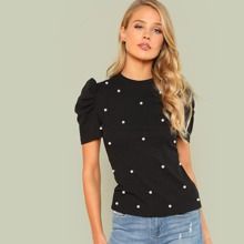 Pearl Embellished Puff Sleeve Tee | SHEIN