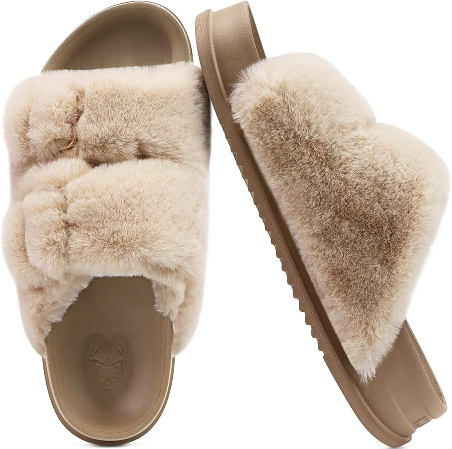 KuaiLu Women's Fluff Slippers Plantar Fasciitis Arch Support Platform Slippers Ladies Fashion Ope... | Amazon (US)