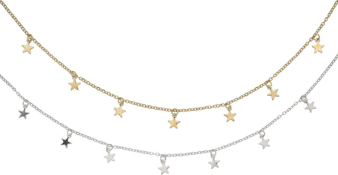 XLSFPY 2Pcs Star Choker Necklace Set Dainty Gold and Silver Star Tassel Chain Pendant Statement N... | Amazon (US)