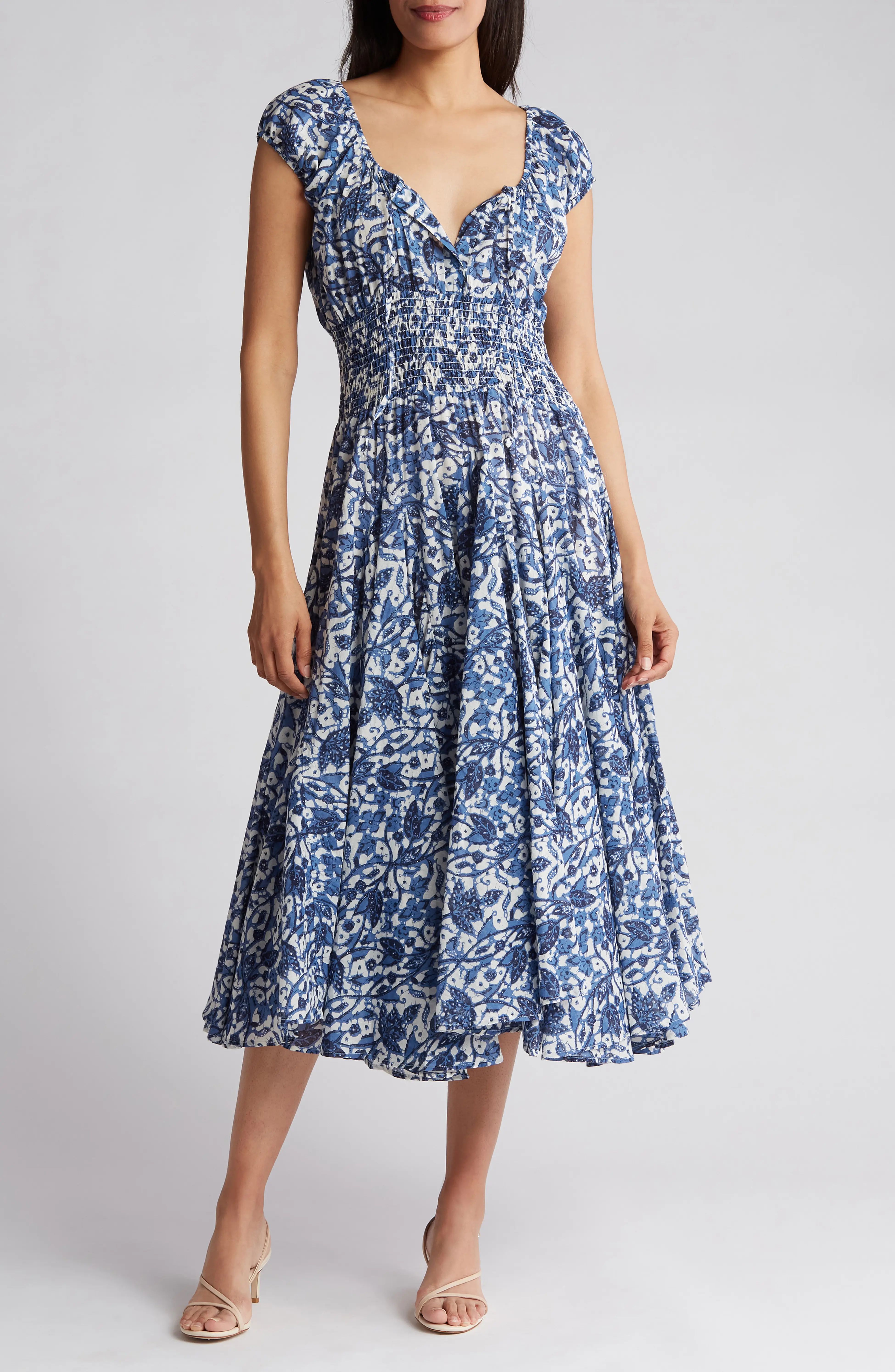 CHELSEA AND THEODORE Floral Puff Sleeve Cotton Midi Dress | Nordstromrack | Nordstrom Rack