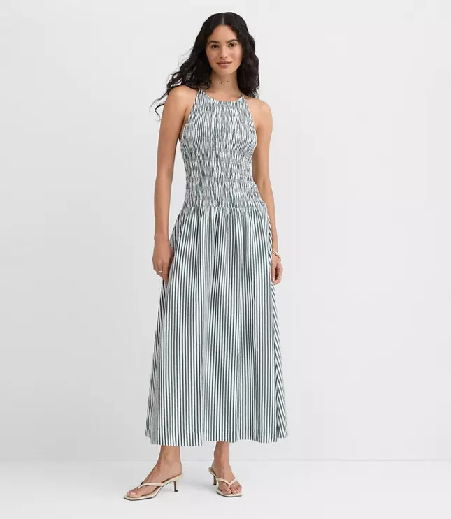 Tall Striped Smocked Halter Midi Dress | LOFT