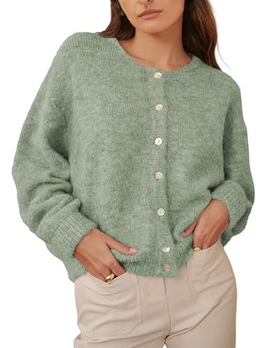 HOWALOOK Women's Round Neck Button Down Long Sleeve Blouse Cardigan Loose Fit Knit Top Crewneck Sweater(Green-S) | Amazon (US)