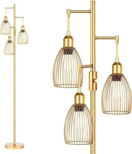 Dimmable Industrial Floor Lamps for Living Room, Gold Tree Standing Tall Lamps with 3 Elegant Tea... | Amazon (US)