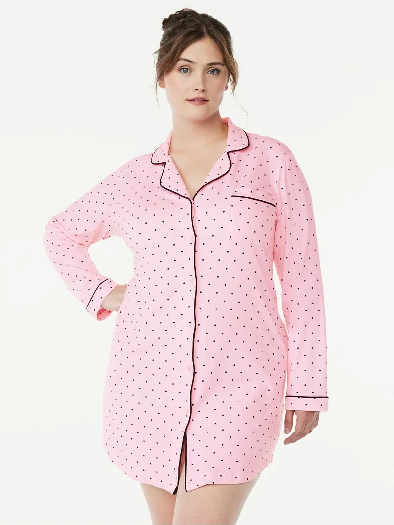 Joyspun Women’s Cotton Blend Long Sleeve Notch Collar Sleepshirt, Sizes S to 4X | Walmart (US)