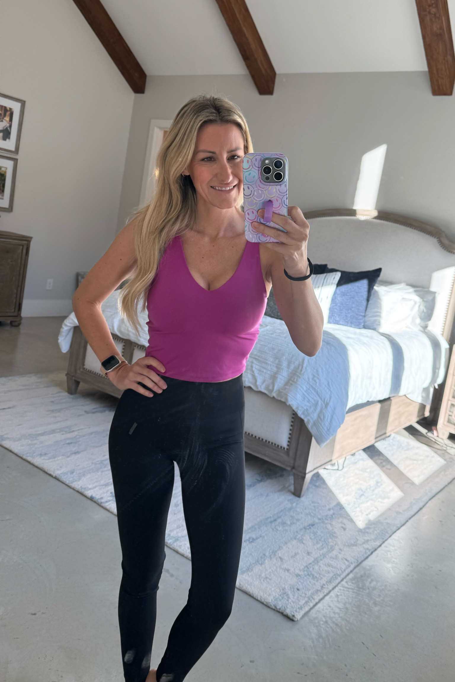 Loving this cute workout top! Built in  bra, waist length, comes in pretty colors! 
I’m in the small. 
