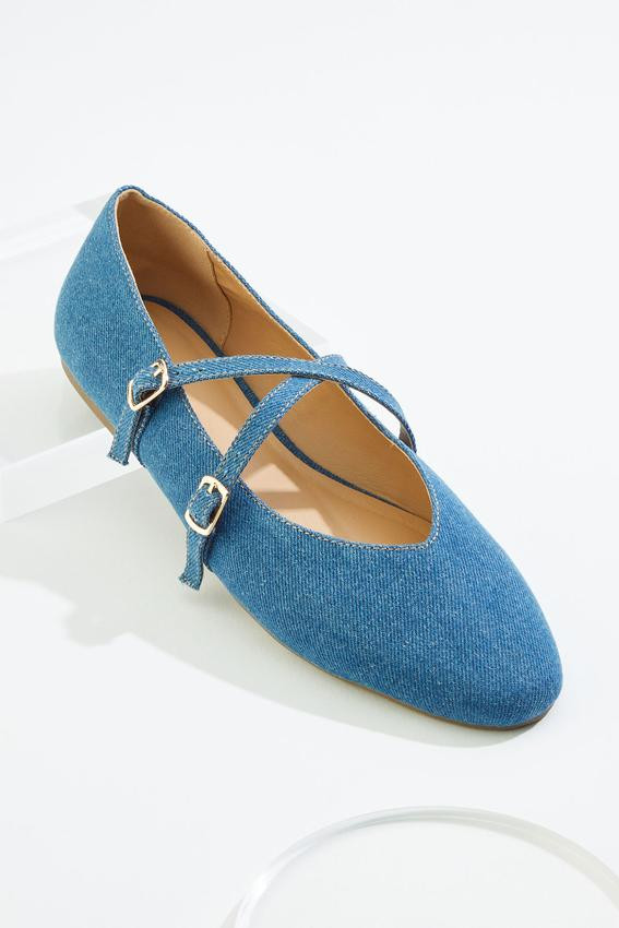 Wide Width Double Band Denim Mary Jane Flats | Cato Fashions