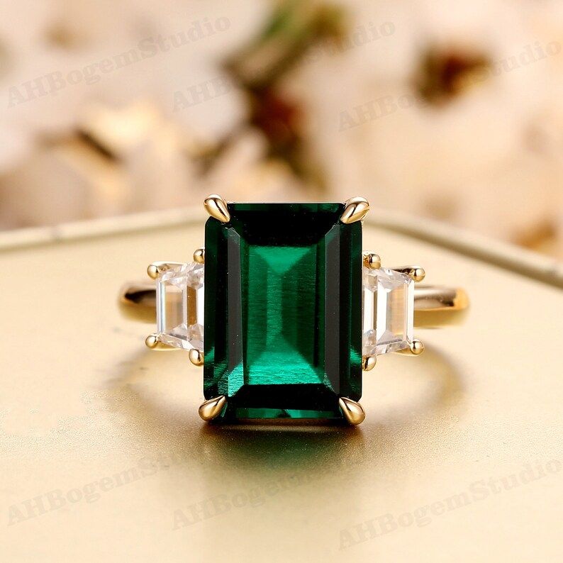 Art Deco Ring,Brilliant 4CT Lab Created Emerald Center Engagement Ring,Minimalist Style Anniversa... | Etsy (US)