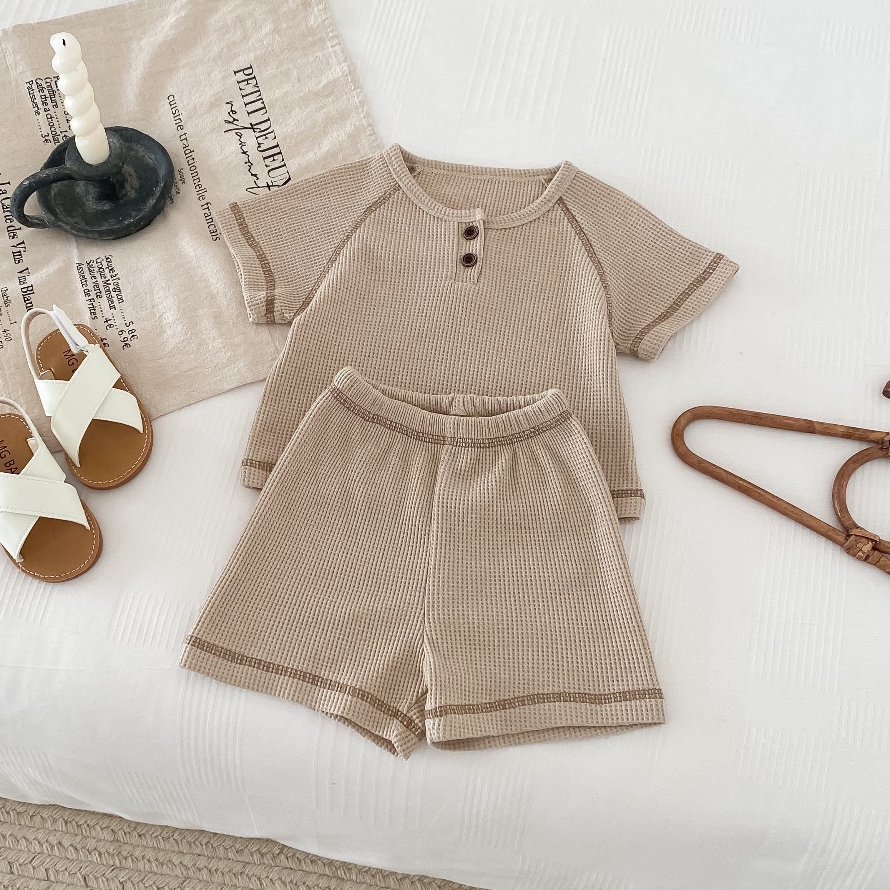 Toddler Boys' Waffle knit Sportswear Set Henley Short Sleeve - Temu | Temu Affiliate Program