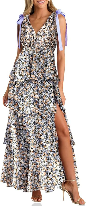 Wenrine Womens Summer Floral Maxi Dress Tie Strap Sleeveless V Neck High Slit Boho Ruffle Tiered ... | Amazon (US)