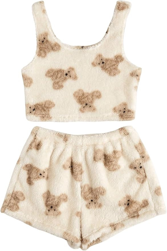 SHENHE Women's Fuzzy Pajamas Bear Print Puffy Tank and Shorts 2 Piece Cute Pajama Set | Amazon (US)