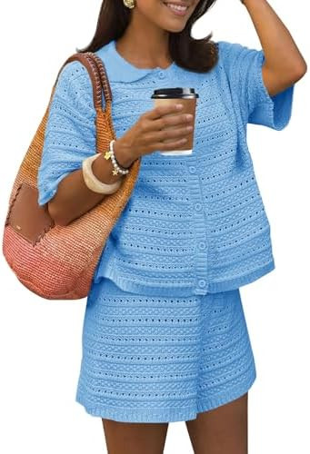 Fisoew Womens Summer 2 Piece Crochet Beach Outfit Cover Ups Button Cardigan Loose Knit Shorts Set... | Amazon (US)