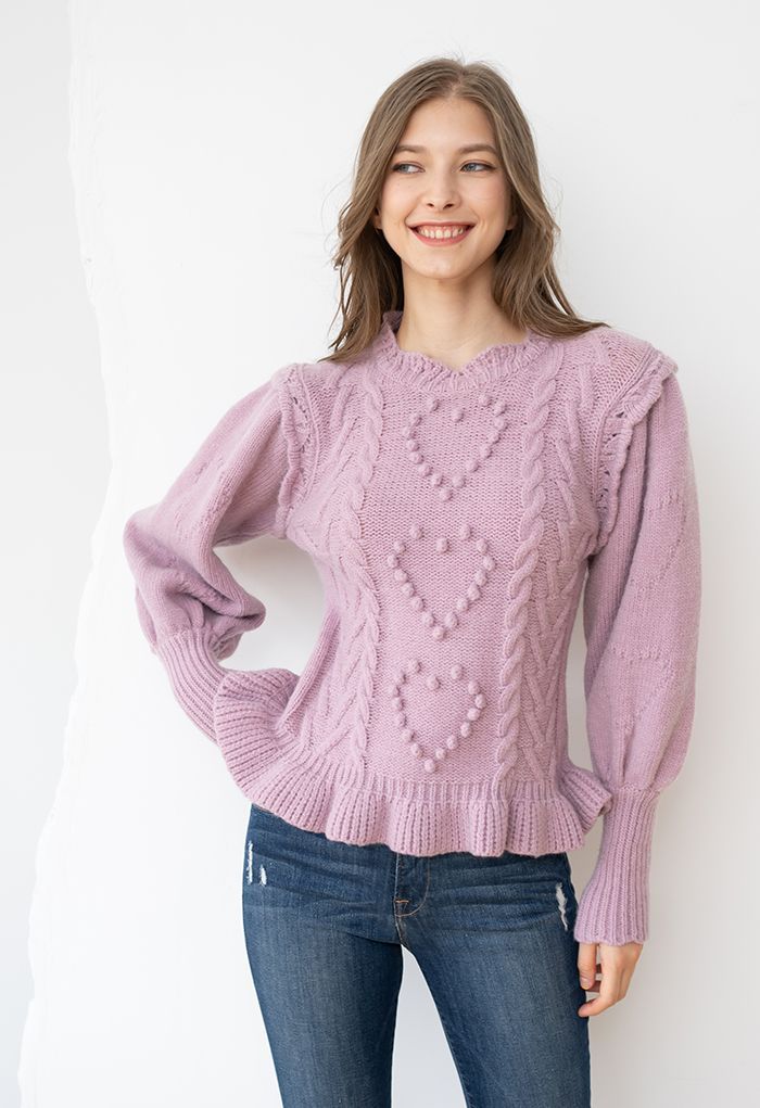 Still My Heart Bubble Sleeves Ruffle Hem Knit Sweater in Lilac | Chicwish