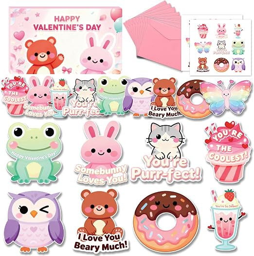 36 Pack Valentines Day Cards for Kids School – Adorable Die-Cut Animal & Food Classroom Valenti... | Amazon (US)