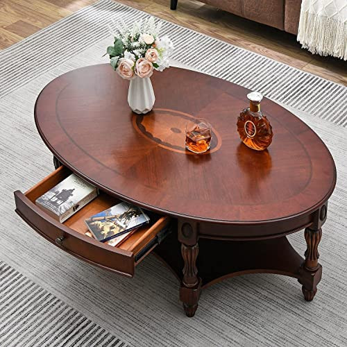 LEEMTORIG Oval Coffee Table for Living Room, Cherry Solid Wood Coffee Table with Storage Drawer, Victorian Antique Vintage Coffee Tables 45"x27.6"x18.2", Easy Assembly, Cherry Walnut, KFZ-1533-WD-DR | Amazon (US)
