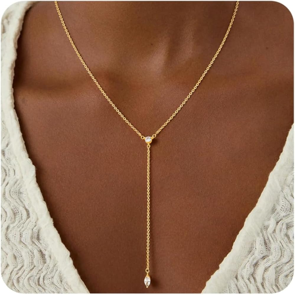 14K Gold Plated Layered Lariat Necklace for Women - Waterproof Non-Tarnish Dainty Gold Chain Neck... | Amazon (US)