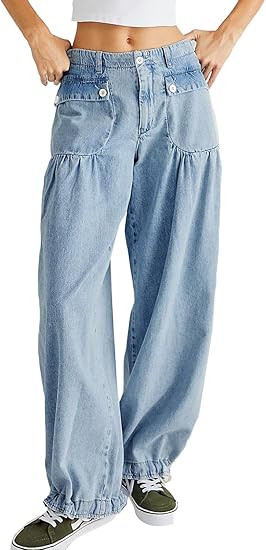 yoeasy Women's Lotus Tube Jeans Mid Rise Baggy Wide Leg Barrel Jeans Drawstring Ankle Denim Pants... | Amazon (US)