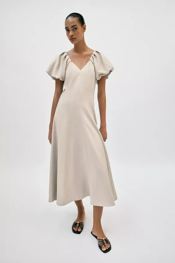 MIDI DRESS WITH LINEN BLEND PUFF SLEEVES | Zara UK