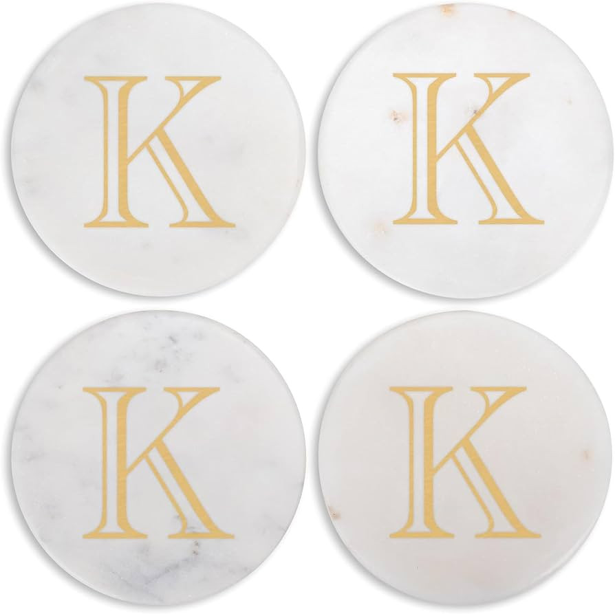 Mary Square Monogrammed K Gold Foil 4 inch Marble Round Coasters Set of 4 | Amazon (US)