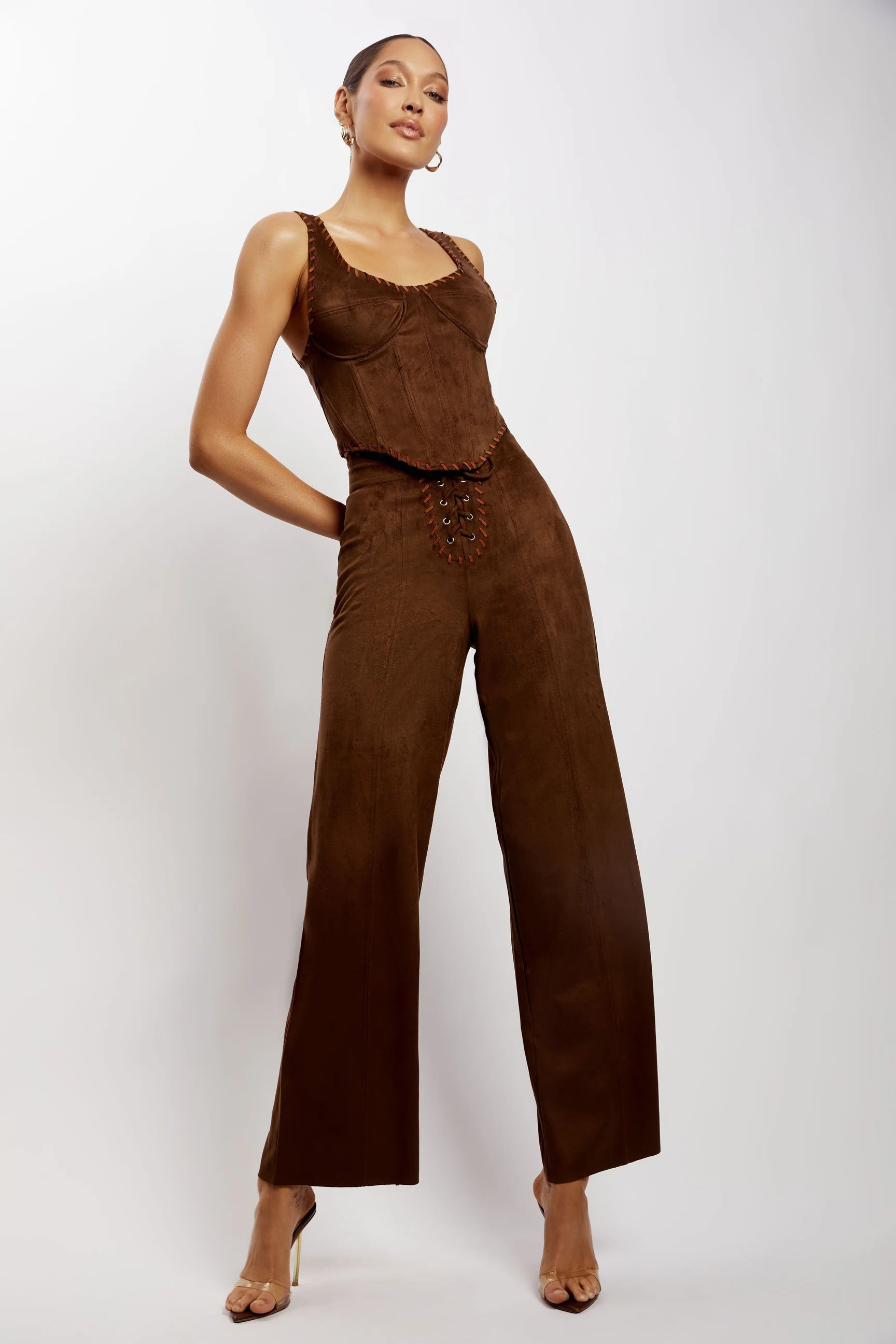 Audrey Suede Wideleg Pants - Chocolate | MESHKI US