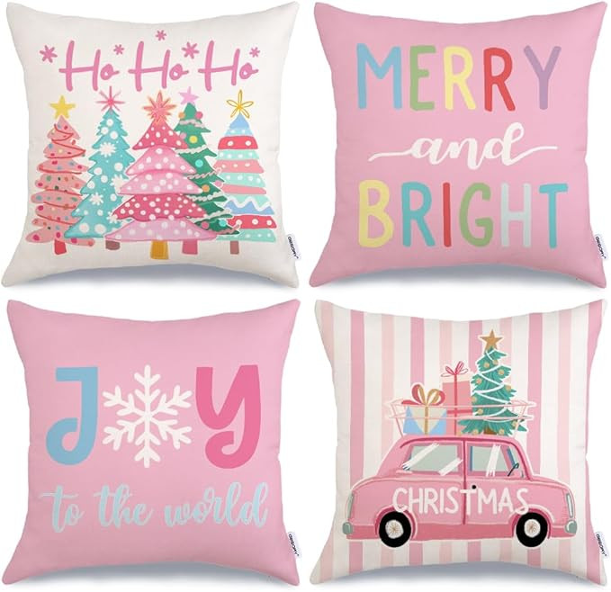 GEEORY Christmas Throw Pillow Covers 18 x 18 Inch Set of 4, Xmas Trees Truck Merry and Bright Pin... | Amazon (US)