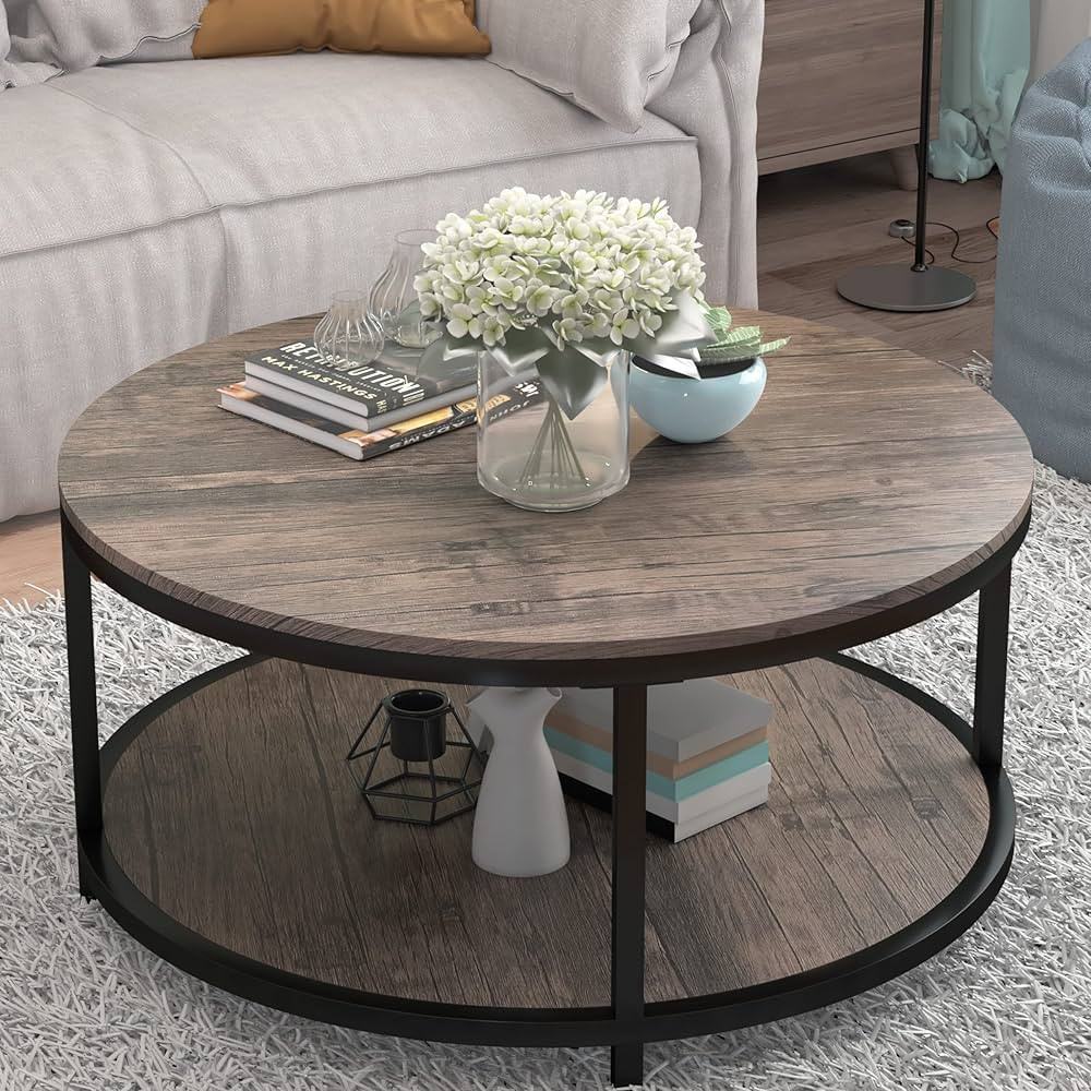 Round Coffee Table, 36" Coffee Table for Living Room, 2-Tier Rustic Wood Desktop with Storage She... | Amazon (US)
