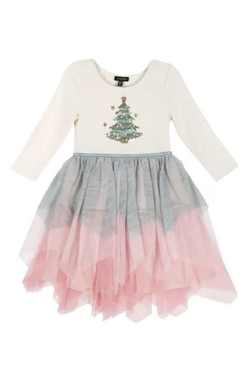 Zunie Kids' Long Sleeve Sequin Tree Scattered Hem Tutu Dress in Champ/mult at Nordstrom Rack, Size 4 | Nordstrom Rack