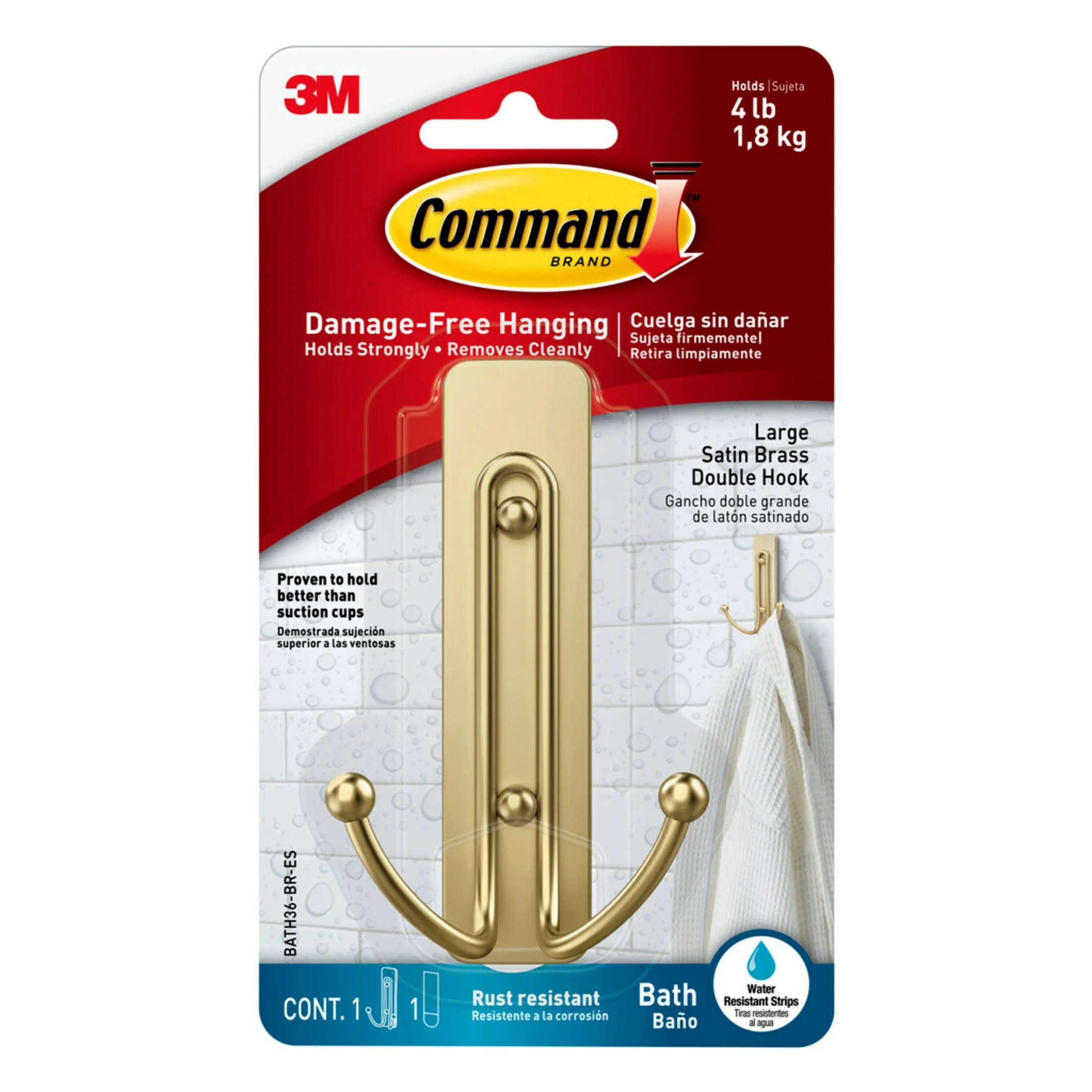 Command Bath Large Satin Brass Hook, Bathroom Organization - Walmart.com | Walmart (US)
