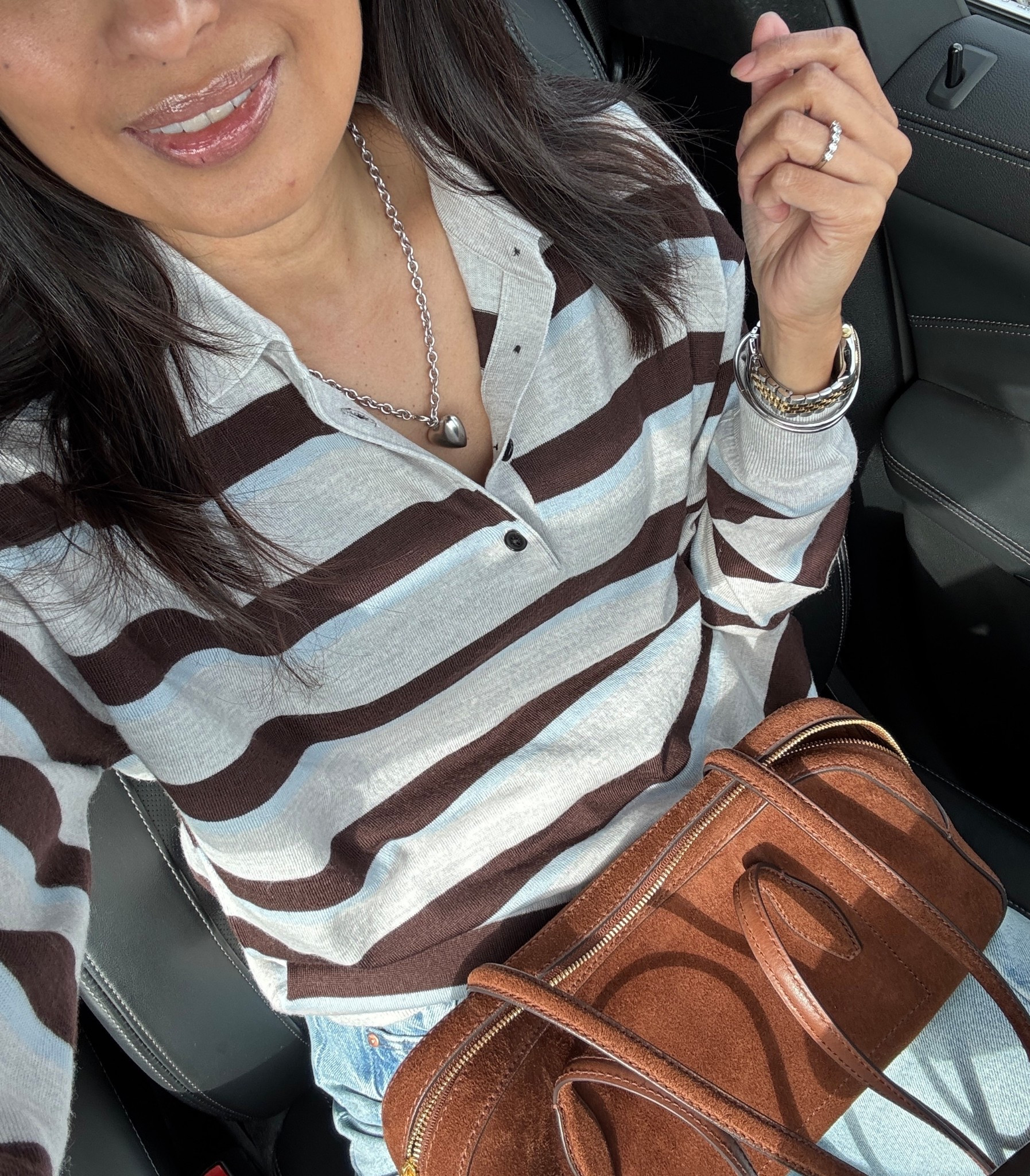 Fall outfit. Rugby shirt. Merino sweater. Restocked in all sizes  
This rugby style sweater gives nice lightweight warmth. I love this blue and brown striped option; also available in another color. I sized up but could also wear true to size. 
Barrel jeans. I sized up. 
Suede handbag. Suede bag. 
Suede flats. Brown flats. 
Heart necklace. 
Bangle bracelets that are lightweight and water durable. 


#LTKOver40 #LTKItBag #LTKootd