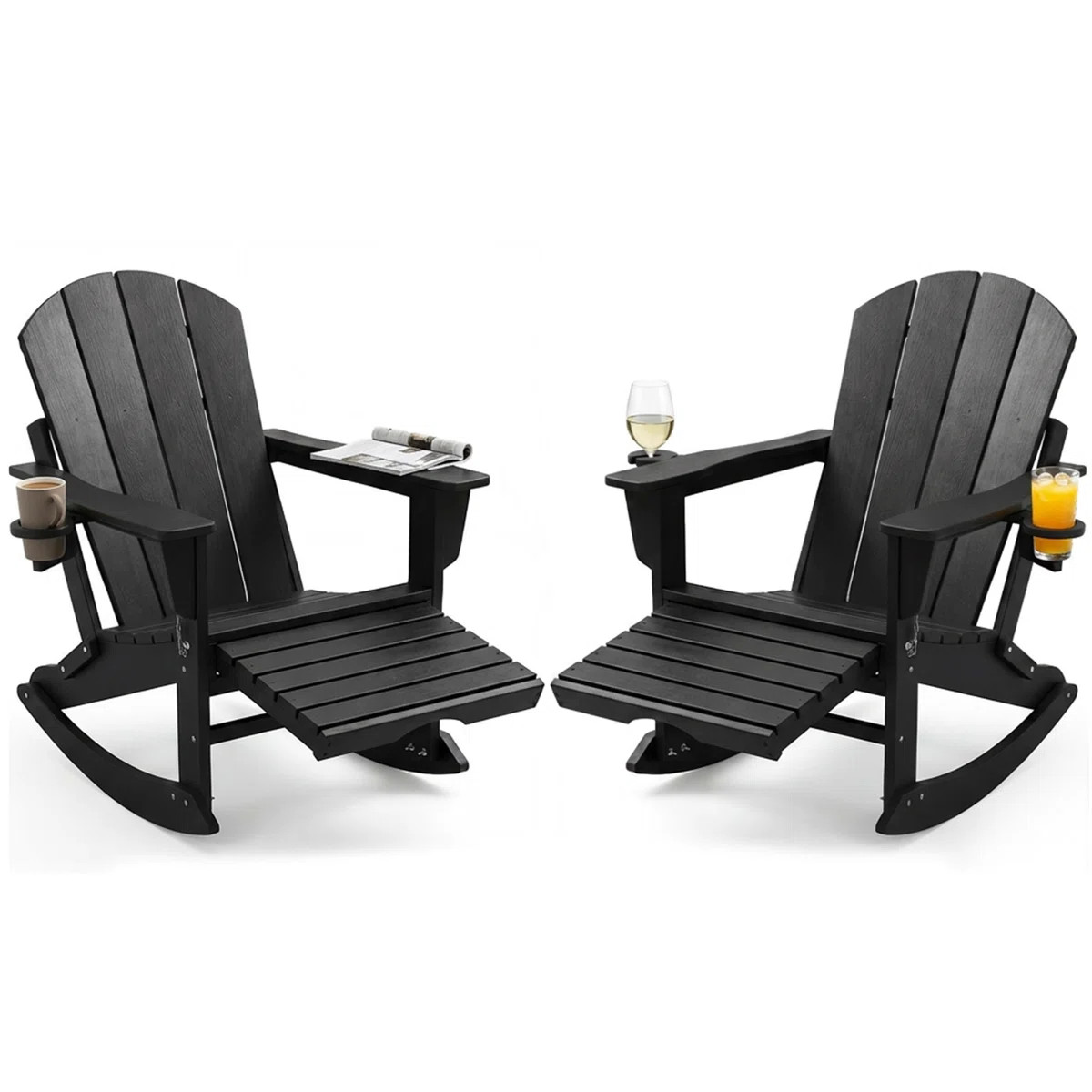 Adirondack Rocking Chairs Set of 2 – Foldable HDPE Patio Rockers with Retractable Ottoman, Cup ... | Wayfair North America
