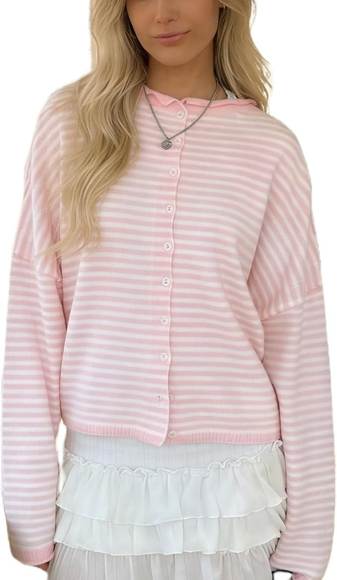 Muineobuka Womens Striped Cardigan Sweater Casual Crew Neck Open Front Button Down Long Sleeve Kn... | Amazon (US)