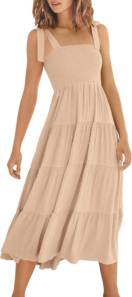 ANRABESS Women's Summer Boho Tie Knot Strap Suqare Neck Smocked Swiss Dot Ruffle Tiered A Line Beach | Amazon (US)